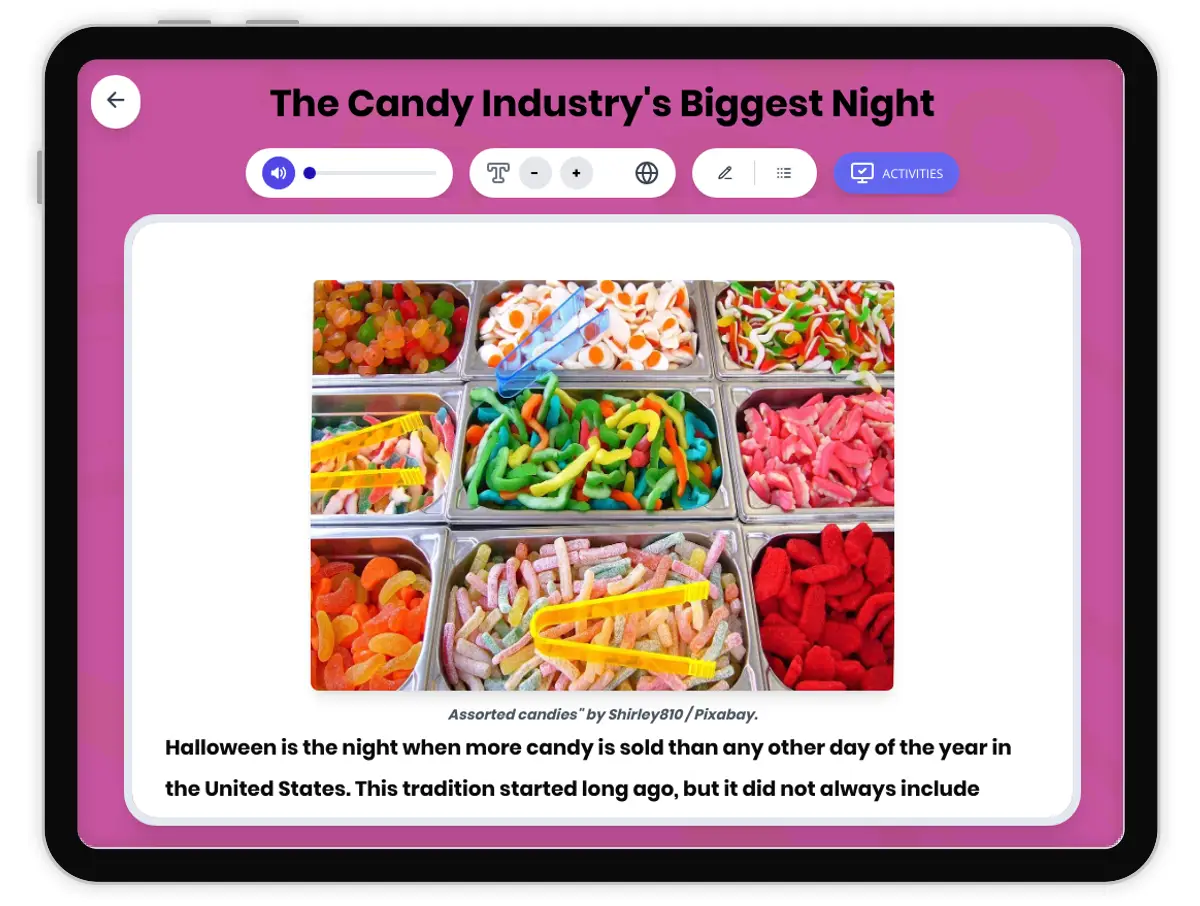 Interactive — Reading Comprehension preview: The Candy Industry's Biggest Night covering RI.4.3, RI.4.4, RI.4.7, W.4.2 standards - Page 1 of 1