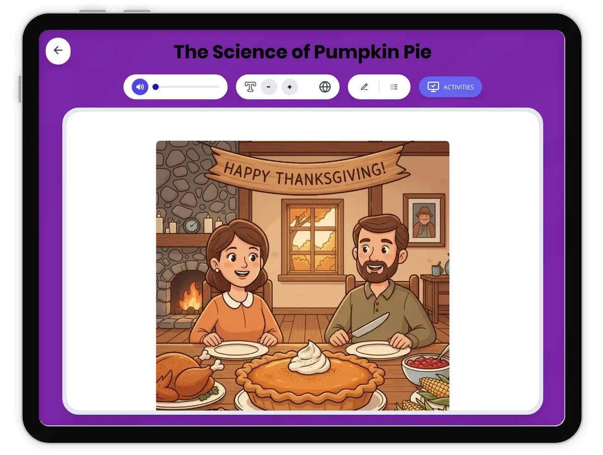 Interactive — Reading Comprehension preview: The Science of Pumpkin Pie covering RI.4.3, RI.4.4, W.4.2 standards - Page 1 of 1