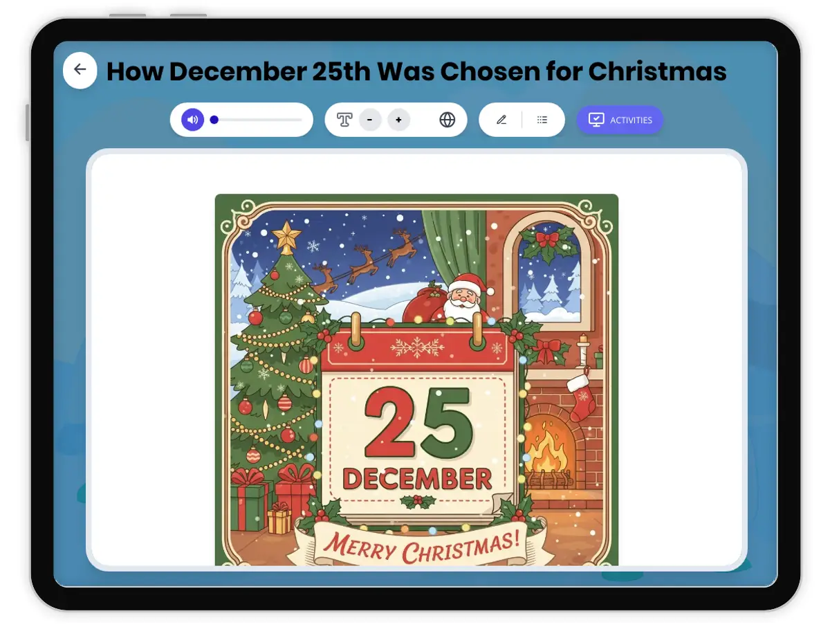 Interactive — Reading Comprehension preview: How December 25th Was Chosen for Christmas covering RI.4.3, RI.4.4, RI.4.5, W.4.2, SL.4.1 standards - Page 1 of 1