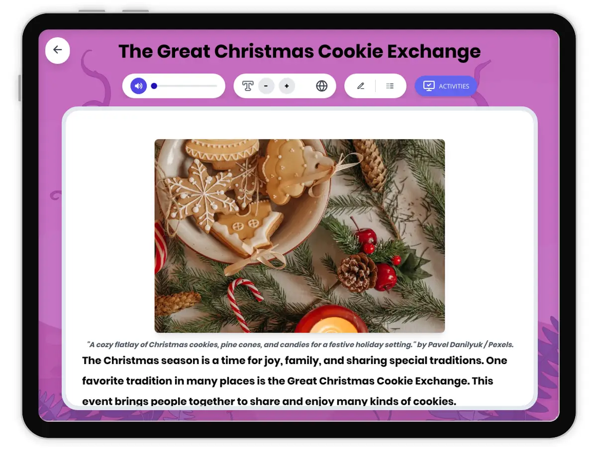 Interactive — Reading Comprehension preview: The Great Christmas Cookie Exchange covering RI.4.3, RI.4.4, W.4.2, SL.4.1 standards - Page 1 of 1