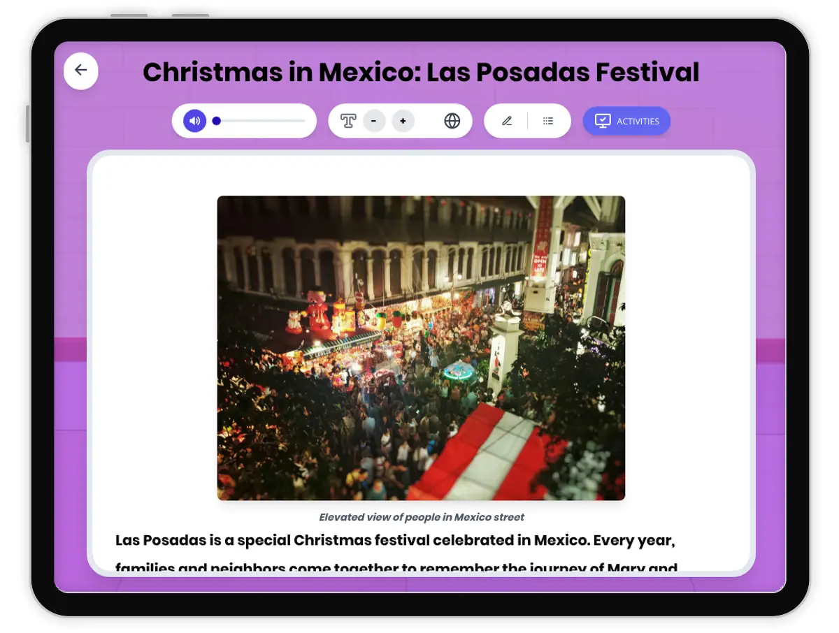 Interactive — Reading Comprehension preview: Christmas in Mexico: Las Posadas Festival covering RI.4.3, RI.4.4, RI.4.5, W.4.2, SL.4.1 standards - Page 1 of 1
