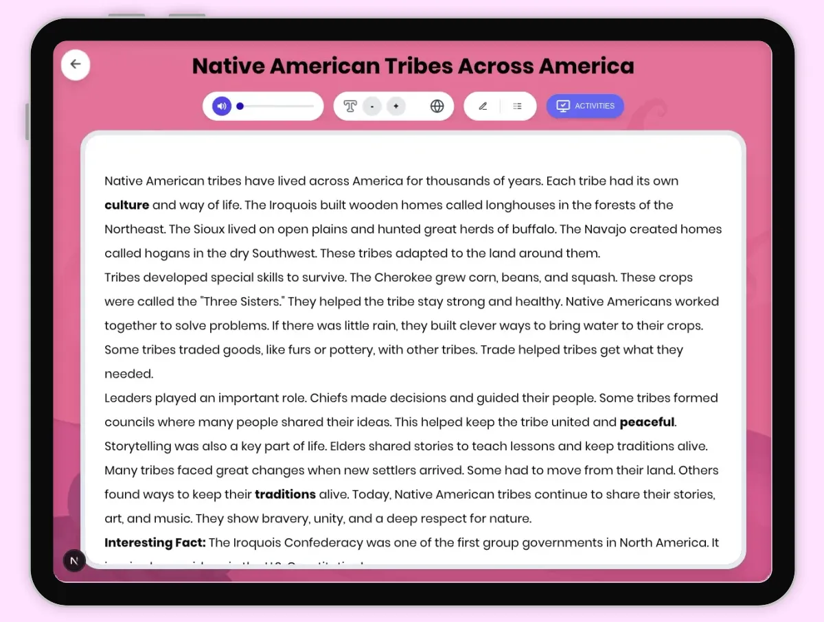 Interactive — Reading Comprehension preview: Native American Tribes Across America covering D2.HIS.1.3-5, D2.HIS.2.3-5, RI.4.1, RI.4.2 standards - Page 1 of 1