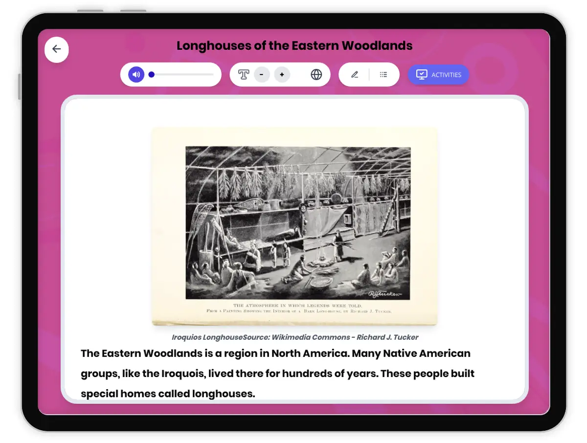 Interactive — Reading Comprehension preview: Longhouses of the Eastern Woodlands covering D2.HIS.1-6.3-5, RI.4.1, RI.4.3 standards - Page 1 of 1