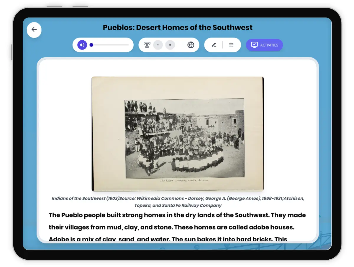 Interactive — Reading Comprehension preview: Pueblos: Desert Homes of the Southwest covering D2.HIS.1-3.3-5, RI.4.1, RI.4.2, RI.4.4, RI.4.7 standards - Page 1 of 1