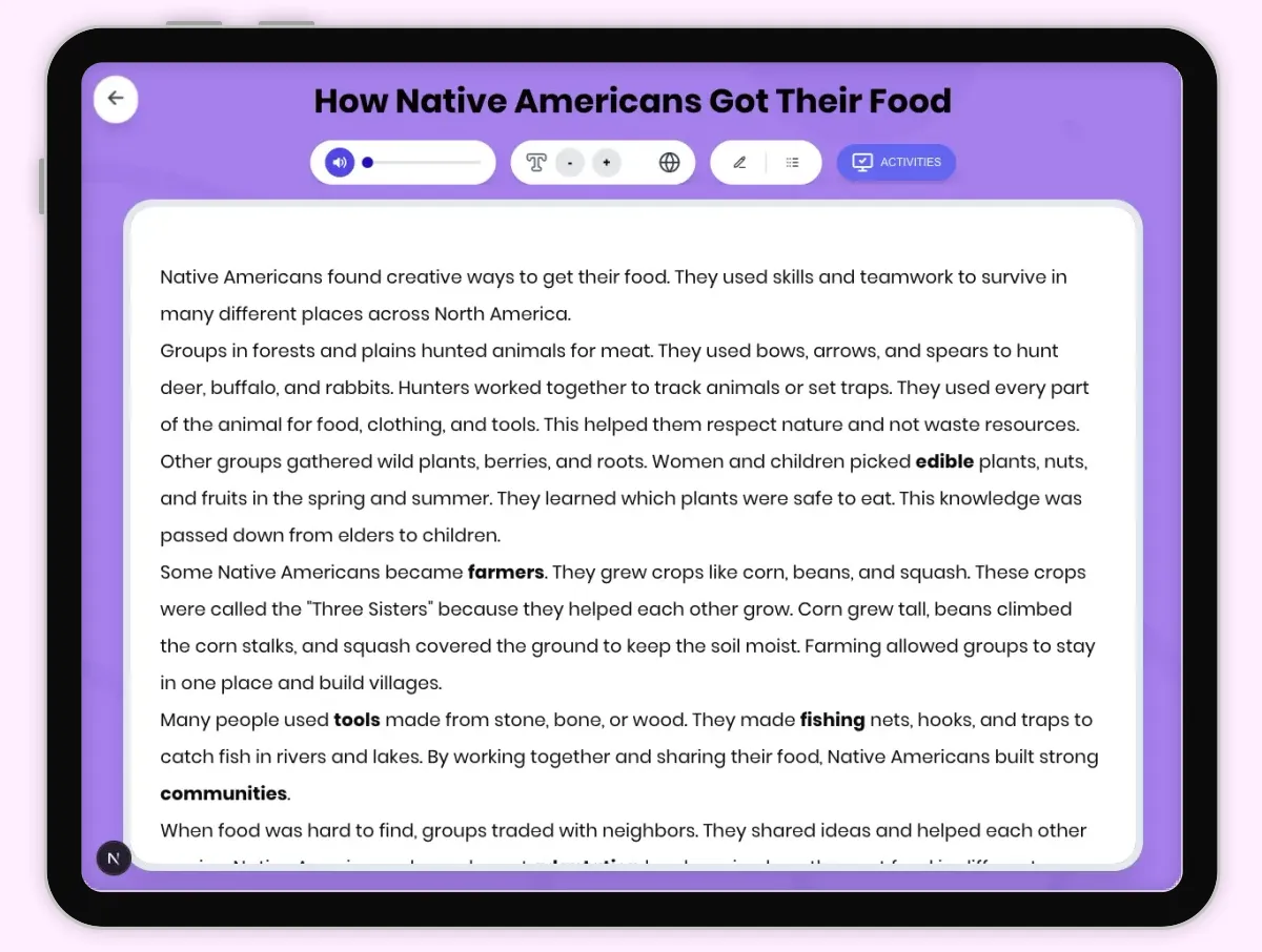 Interactive — Reading Comprehension preview: How Native Americans Got Their Food covering D2.HIS.1-6.3-5RI.4.1, RI.4.2, RI.4.4 standards - Page 1 of 1
