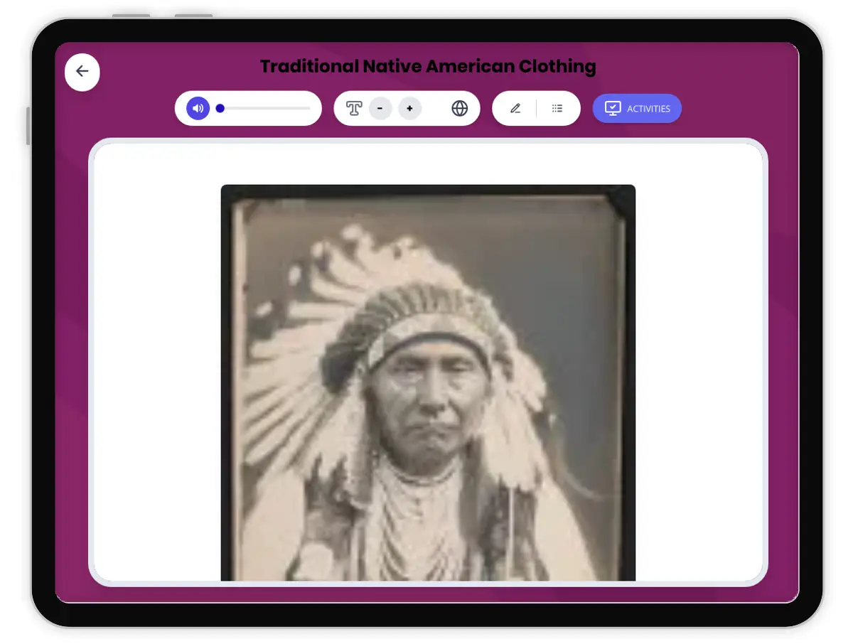 Interactive — Reading Comprehension preview: Traditional Native American Clothing covering D2.HIS.2.3-5, D2.HIS.3.3-5, RI.4.3, RI.4.4 standards - Page 1 of 1