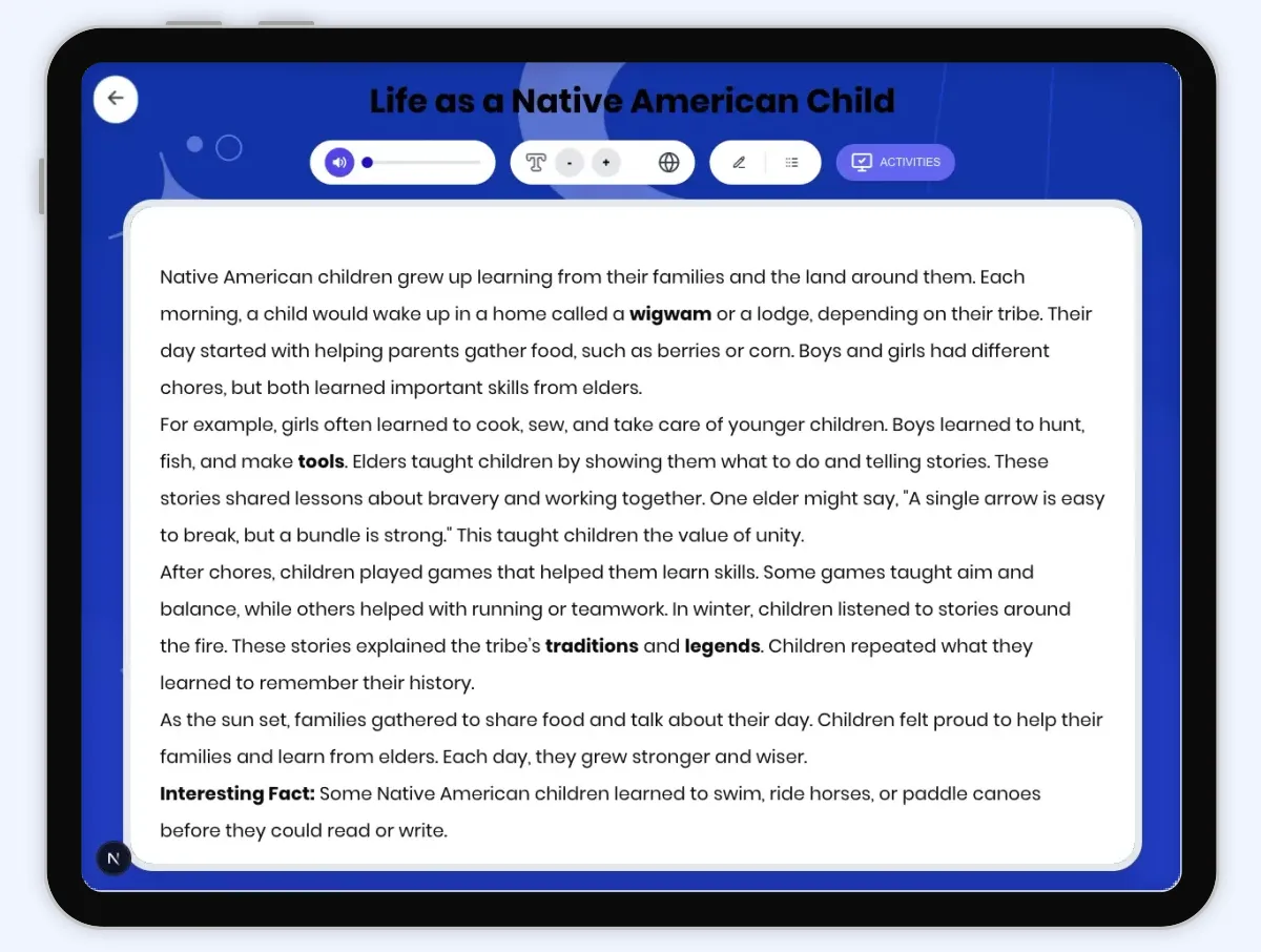 Interactive — Reading Comprehension preview: Life as a Native American Child covering D2.HIS.2.3-5, D2.HIS.3.3-5, RI.4.1, RI.4.3, RI.4.4, RI.4.10 standards - Page 1 of 1