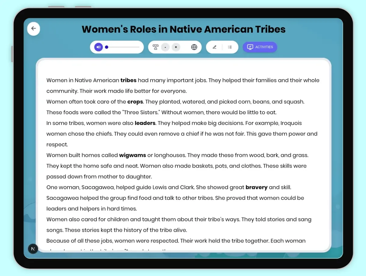 Interactive — Reading Comprehension preview: Women's Roles in Native American Tribes covering D2.HIS.1-4.3-5, D2.HIS.14.3-5, RI.4.1, RI.4.3, RI.4.4, RI.5.1 standards - Page 1 of 1
