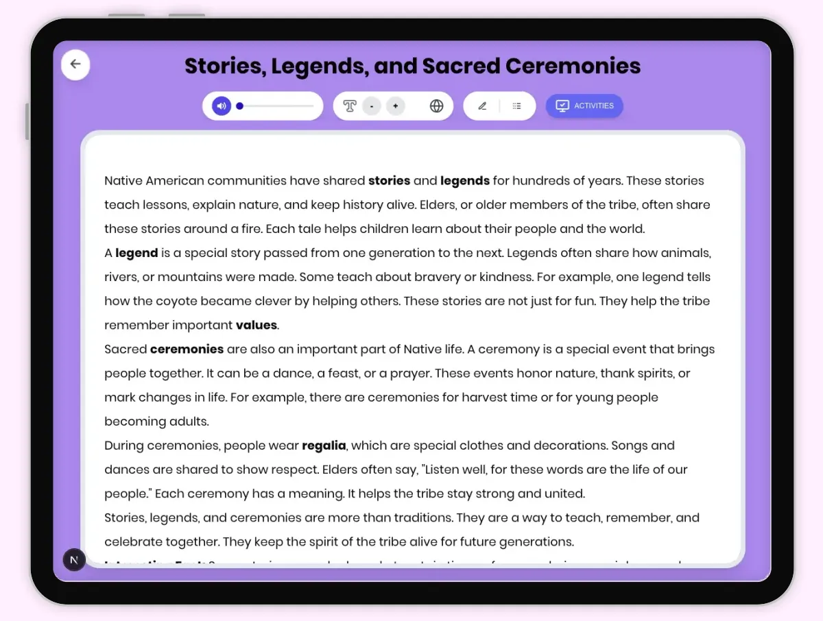 Interactive — Reading Comprehension preview: Stories, Legends, and Sacred Ceremonies covering  standards - Page 1 of 1