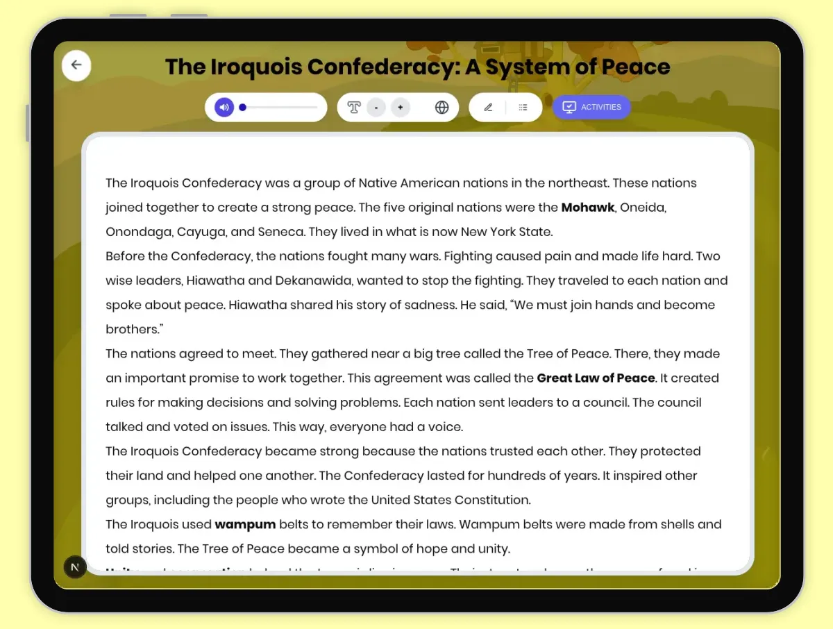 Interactive — Reading Comprehension preview: The Iroquois Confederacy: A System of Peace covering D2.HIS.2.3-5, D2.HIS.3.3-5, RI.4.3, RI.4.4, W.4.2 standards - Page 1 of 1