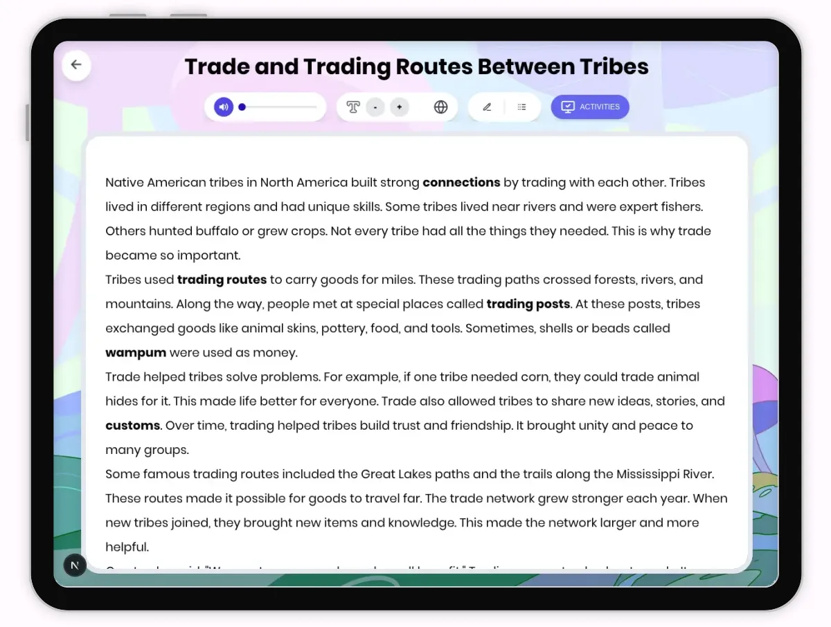 Interactive — Reading Comprehension preview: Trade and Trading Routes Between Tribes covering D2.HIS.1-4.3-5, RI.4.1, RI.4.3, RI.4.4, W.4.2 standards - Page 1 of 1