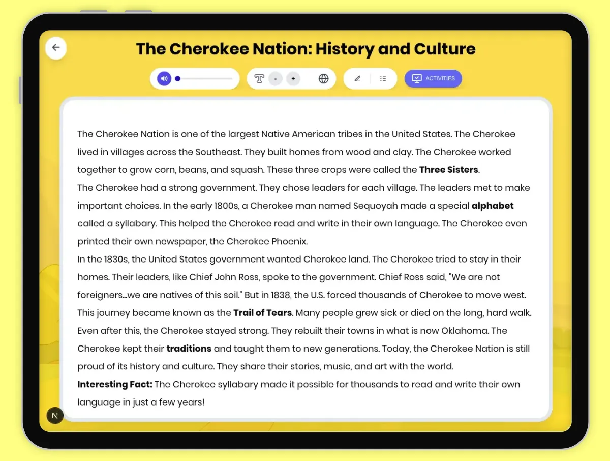 Interactive — Reading Comprehension preview: The Cherokee Nation: History and Culture covering D2.HIS.2.3-5, D2.HIS.14.3-5RI.4.3, RI.4.4, RI.4.10 standards - Page 1 of 1