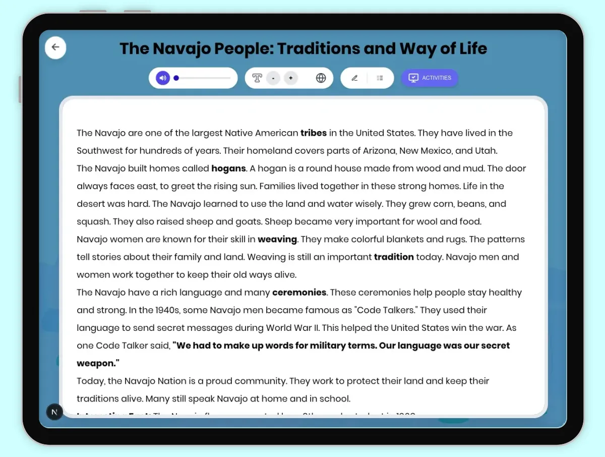 Interactive — Reading Comprehension preview: The Navajo People: Traditions and Way of Life covering D2.HIS.1-4.3-5RI.4.1, RI.4.4, RI.4.10 standards - Page 1 of 1
