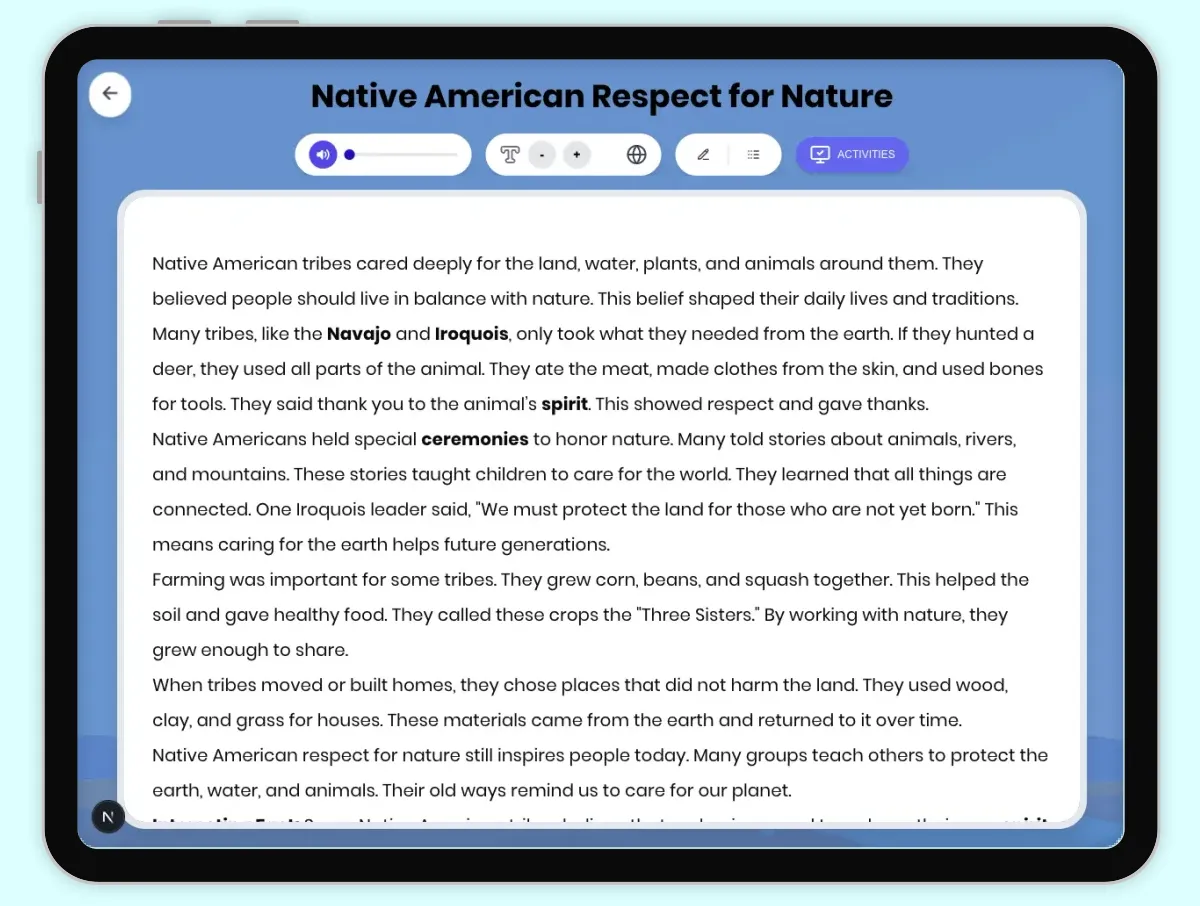 Interactive — Reading Comprehension preview: Native American Respect for Nature covering D2.HIS.2.3-5, D2.HIS.3.3-5, RI.4.3, RI.4.4 standards - Page 1 of 1