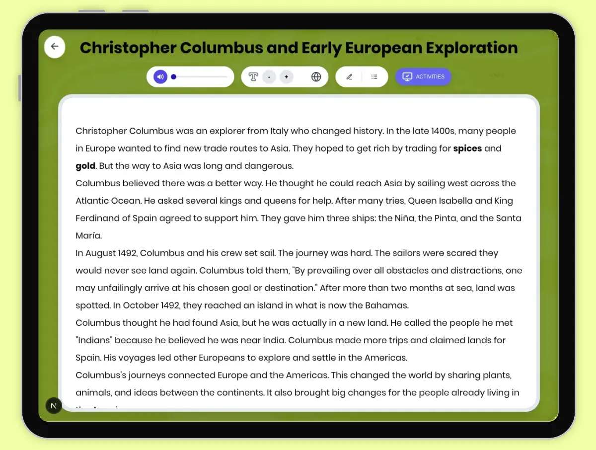 Interactive — Reading Comprehension preview: Christopher Columbus and Early European Exploration covering D2.HIS.1-4.3-5, RI.4.1, RI.4.3, RI.5.1, RI.5.3 standards - Page 1 of 1
