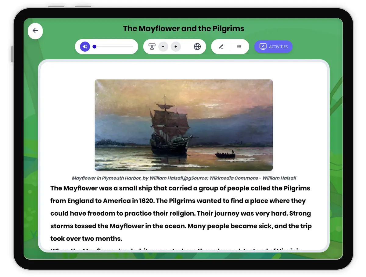Interactive — Reading Comprehension preview: The Mayflower and the Pilgrims covering D2.HIS.2.3-5, D2.HIS.14.3-5RI.4.1, RI.4.3, RI.4.4 standards - Page 1 of 1