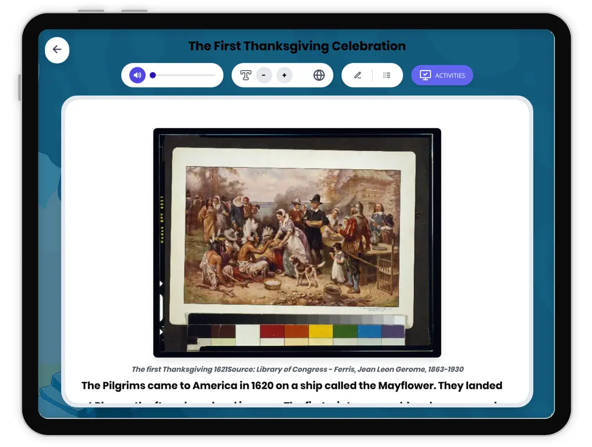 Interactive — Reading Comprehension preview: The First Thanksgiving Celebration covering D2.HIS.1-5.3-5RI.4.1, RI.4.2, RI.4.3 standards - Page 1 of 1
