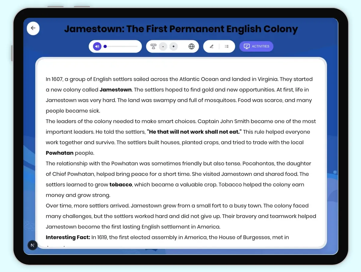 Interactive — Reading Comprehension preview: Jamestown: The First Permanent English Colony covering D2.HIS.1.3-5, D2.HIS.2.3-5, RI.4.3, RI.4.4, W.4.2 standards - Page 1 of 1