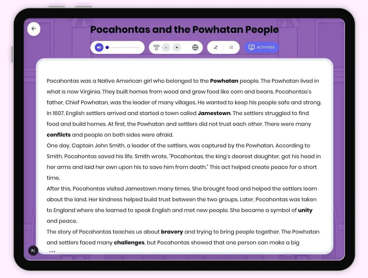 Interactive — Reading Comprehension preview: Pocahontas and the Powhatan People covering D2.HIS.1.3-5, D2.HIS.2.3-5, RI.4.1, RI.4.3 standards - Page 1 of 1
