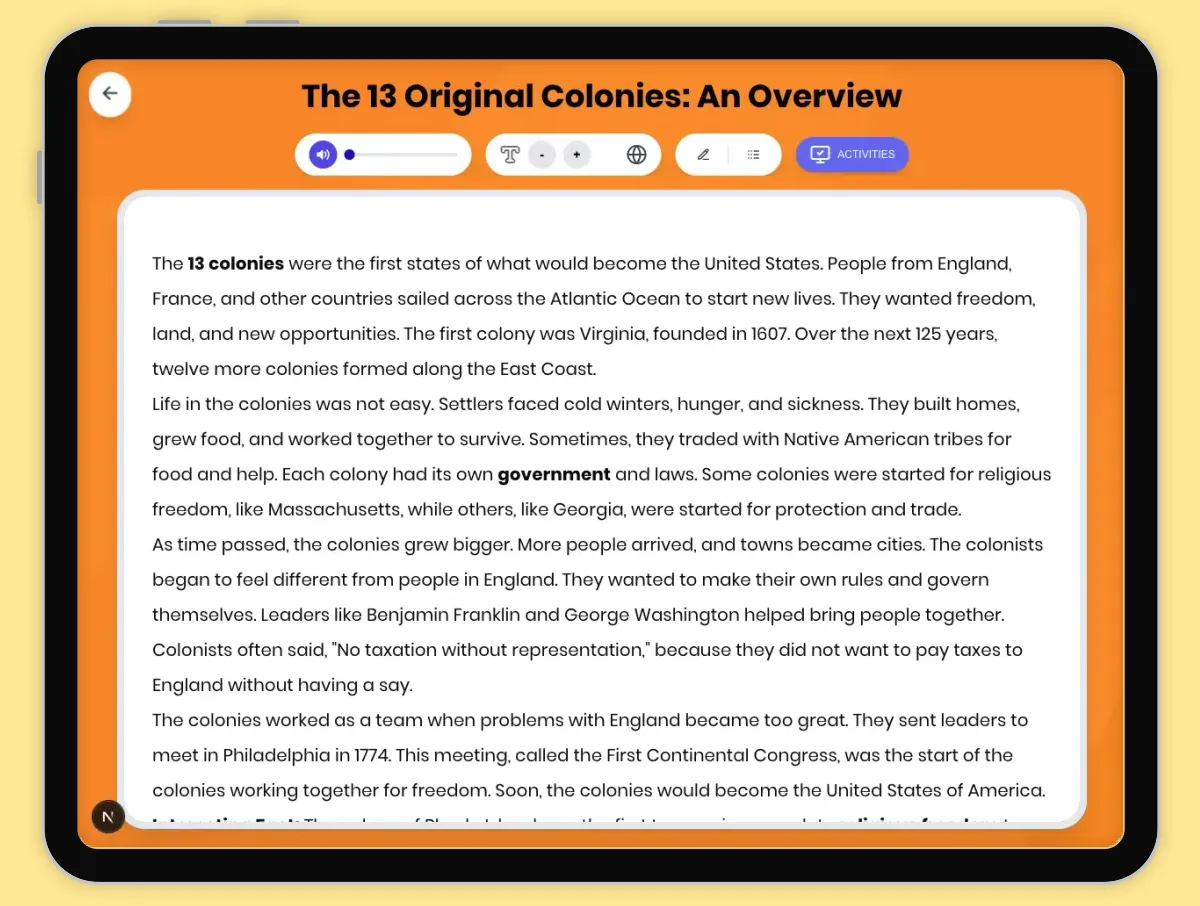 Interactive — Reading Comprehension preview: The 13 Original Colonies: An Overview covering D2.HIS.1-4.3-5, RI.4.3, RI.4.4, RI.4.10, W.4.2, W.4.7 standards - Page 1 of 1