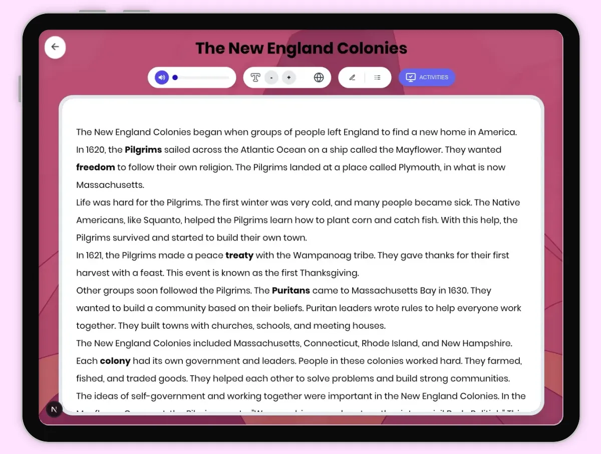 Interactive — Reading Comprehension preview: The New England Colonies covering  standards - Page 1 of 1