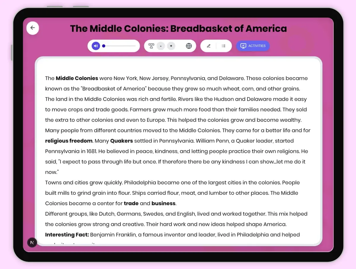 Interactive — Reading Comprehension preview: The Middle Colonies: Breadbasket of America covering D2.HIS.1-4.3-5RI.4.3, RI.4.4, W.4.2, W.4.7 standards - Page 1 of 1