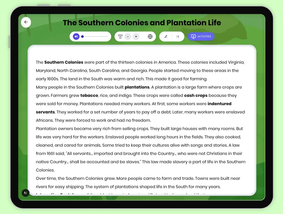 Interactive — Reading Comprehension preview: The Southern Colonies and Plantation Life covering D2.HIS.1-4.3-5, RI.4.1, RI.4.3, RI.4.4, RI.4.10 standards - Page 1 of 1
