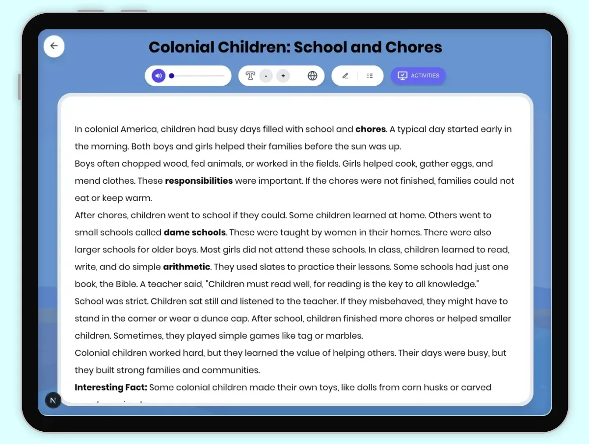 Interactive — Reading Comprehension preview: Colonial Children: School and Chores covering D2.HIS.2.3-5, D2.HIS.3.3-5RI.4.1, RI.4.2, RI.4.4, W.4.2 standards - Page 1 of 1