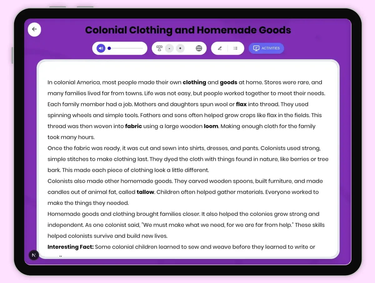 Interactive — Reading Comprehension preview: Colonial Clothing and Homemade Goods covering D2.HIS.2.3-5, RI.4.3, RI.4.4 standards - Page 1 of 1