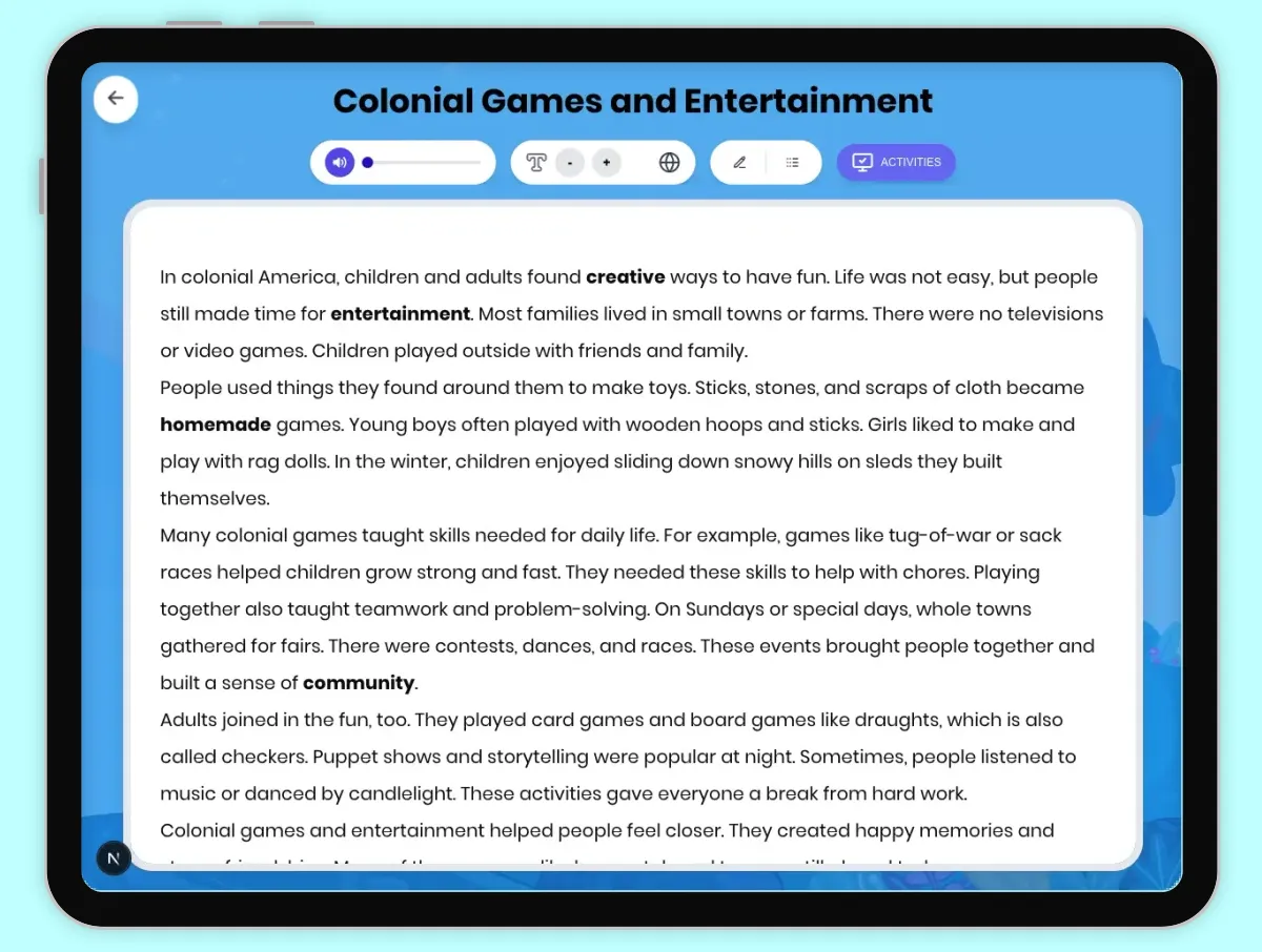 Interactive — Reading Comprehension preview: Colonial Games and Entertainment covering D2.HIS.1.3-5, RI.4.3, RI.4.4 standards - Page 1 of 1