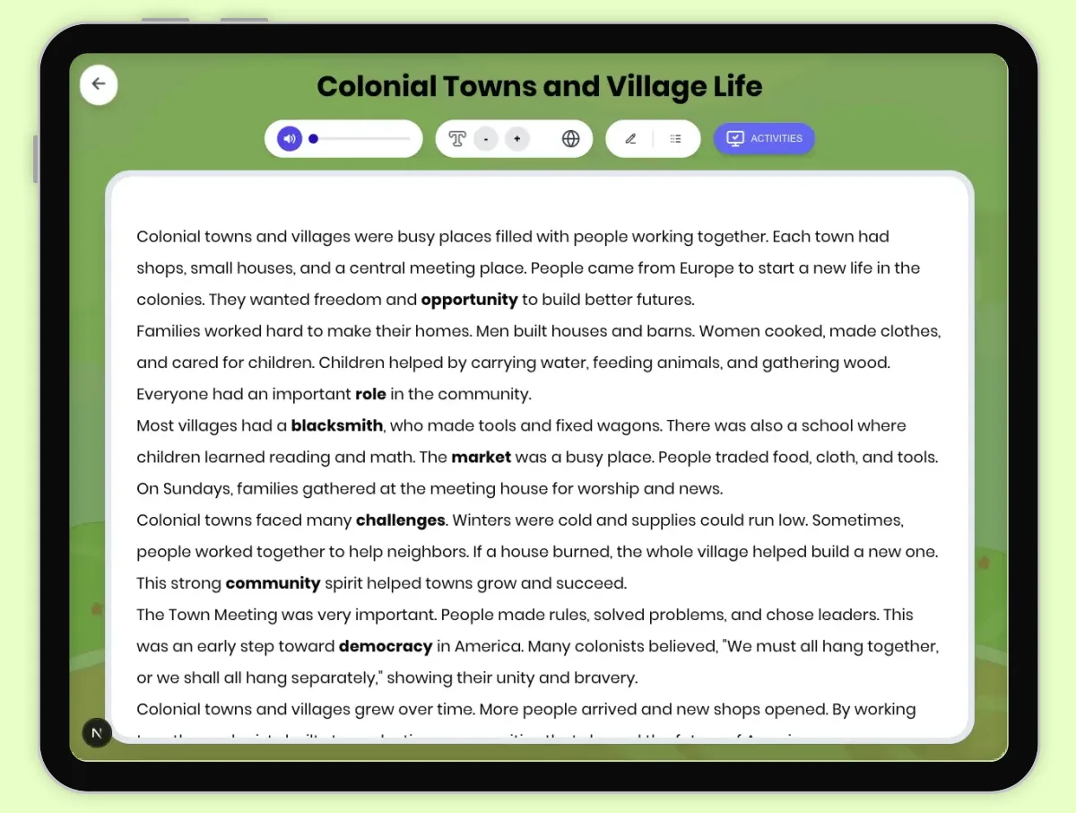 Interactive — Reading Comprehension preview: Colonial Towns and Village Life covering D2.HIS.1.3-5, D2.HIS.2.3-5, RI.4.3, RI.4.4, W.4.2 standards - Page 1 of 1