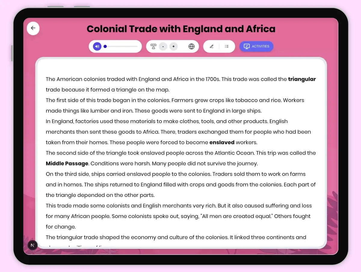 Interactive — Reading Comprehension preview: Colonial Trade with England and Africa covering D2.HIS.2.3-5, D2.HIS.14.3-5, RI.4.3, RI.4.4, W.4.2 standards - Page 1 of 1