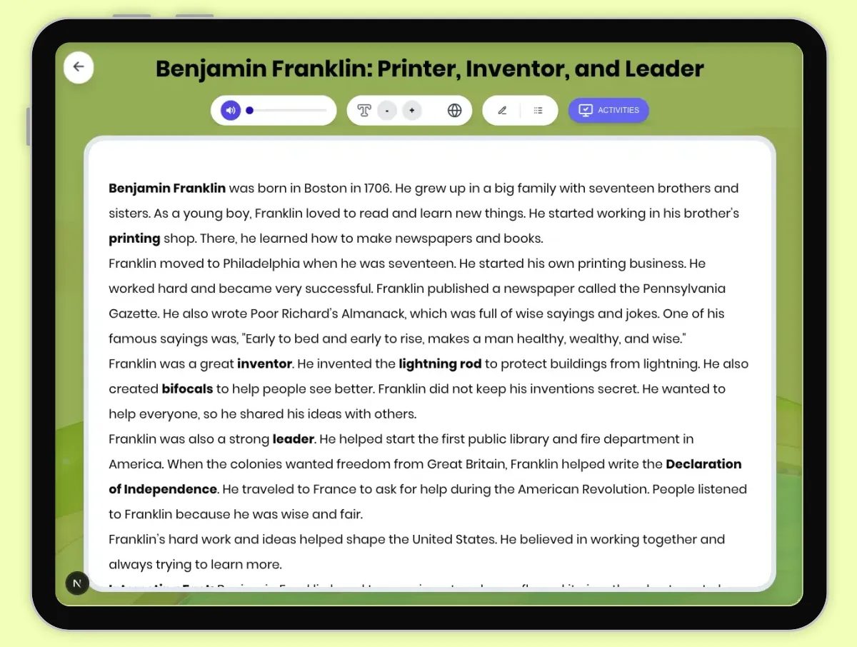 Interactive — Reading Comprehension preview: Benjamin Franklin: Printer, Inventor, and Leader covering D2.HIS.2.3-5, D2.HIS.3.3-5, RI.4.1, RI.4.3, RI.4.4 standards - Page 1 of 1