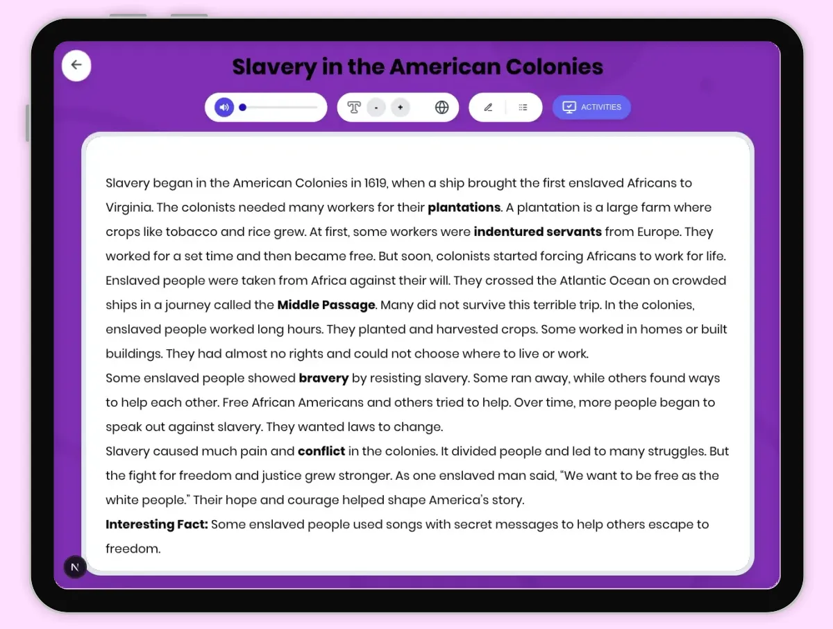Interactive — Reading Comprehension preview: Slavery in the American Colonies covering D2.HIS.1.3-5, D2.HIS.2.3-5, RI.4.1, RI.4.3, RI.4.4 standards - Page 1 of 1