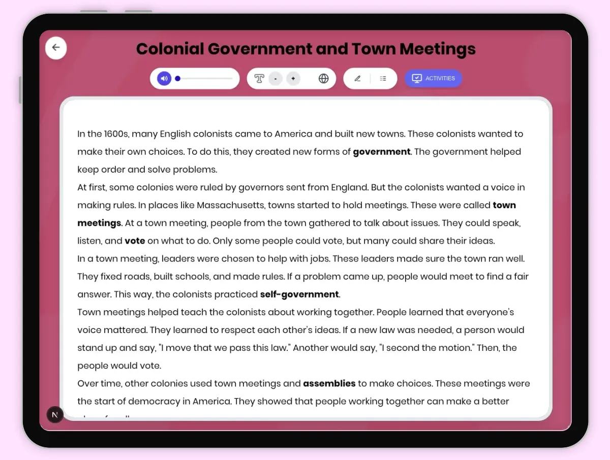 Interactive — Reading Comprehension preview: Colonial Government and Town Meetings covering D2.CIV.4.3-5, RI.4.3, RI.4.4 standards - Page 1 of 1