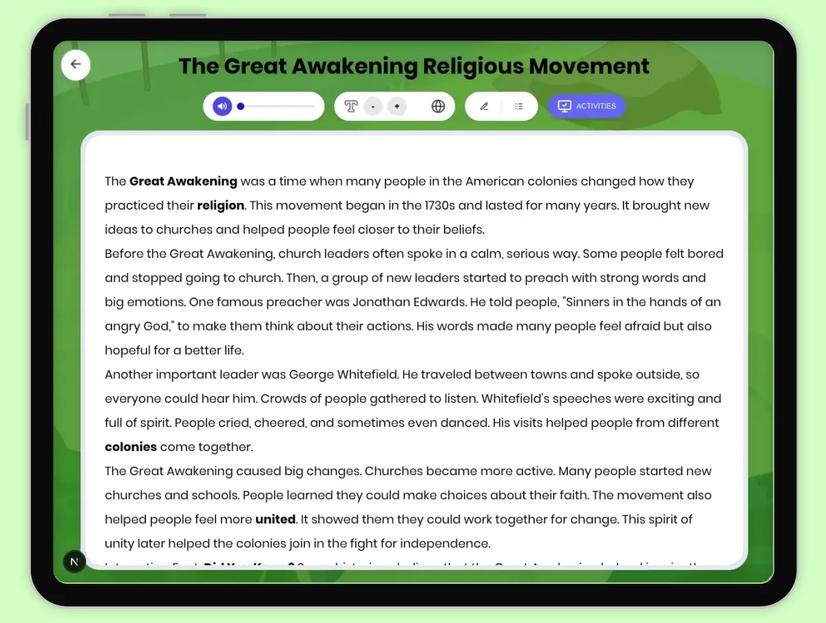 Interactive — Reading Comprehension preview: The Great Awakening Religious Movement covering D2.HIS.1-6.3-5, RI.4.3, RI.5.3 standards - Page 1 of 1