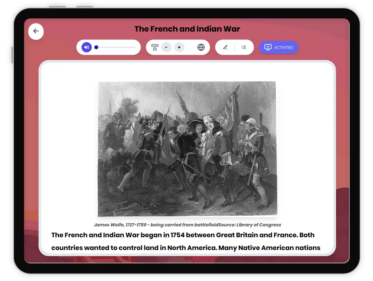 Interactive — Reading Comprehension preview: The French and Indian War covering D2.HIS.1-4.3-5, RI.4.1, RI.4.3, RI.4.4, RI.4.10 standards - Page 1 of 1