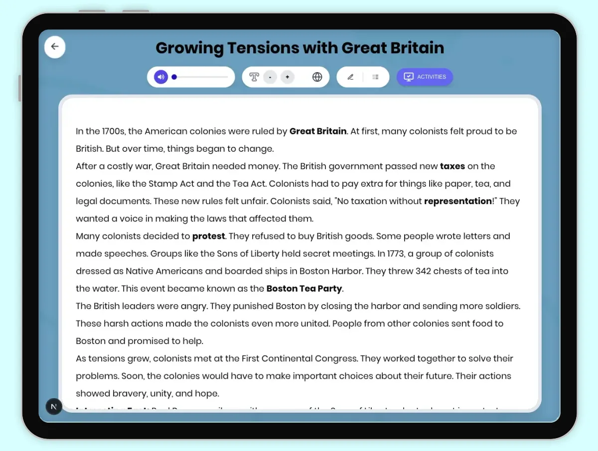 Interactive — Reading Comprehension preview: Growing Tensions with Great Britain covering D2.HIS.1-4.3-5, RI.4.1, RI.4.3, RI.4.4 standards - Page 1 of 1