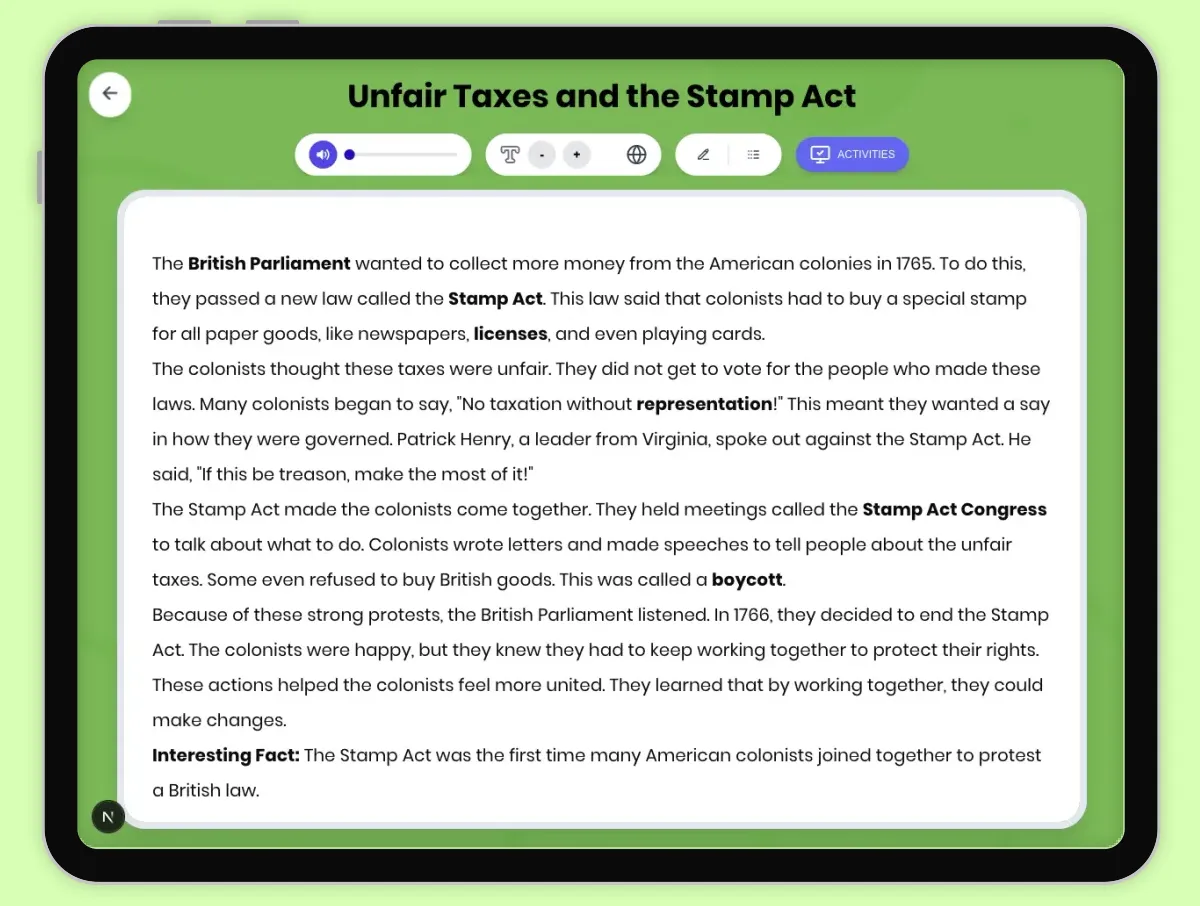 Interactive — Reading Comprehension preview: Unfair Taxes and the Stamp Act covering D2.HIS.1-4.3-5, RI.4.1, RI.4.3 standards - Page 1 of 1