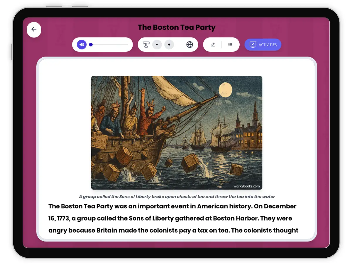 Interactive — Reading Comprehension preview: The Boston Tea Party covering D2.HIS.1-6.3-5RI.4.1, RI.4.3, RI.4.4, RI.5.1, RI.5.3 standards - Page 1 of 1