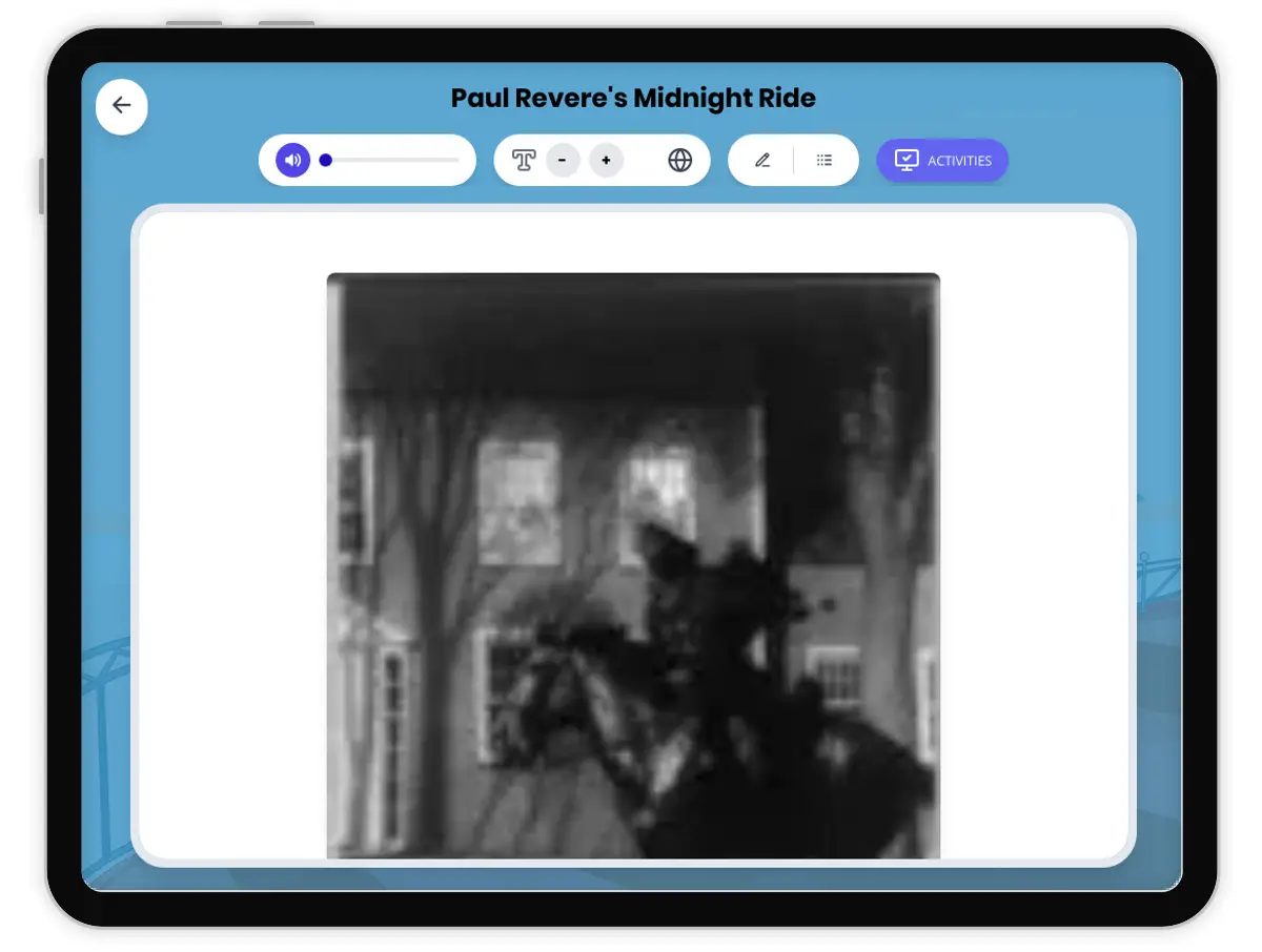 Interactive — Reading Comprehension preview: Paul Revere's Midnight Ride covering D2.HIS.1-4.3-5, RI.4.3, RI.4.4, RI.4.10 standards - Page 1 of 1