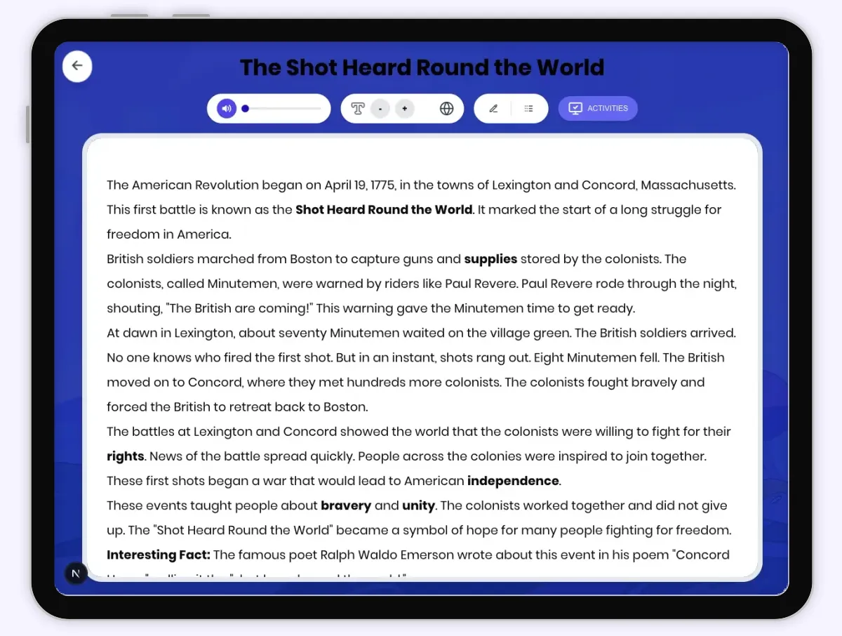 Interactive — Reading Comprehension preview: The Shot Heard Round the World covering D2.HIS.1-3.3-5, RI.4.1, RI.4.3, RI.4.4 standards - Page 1 of 1