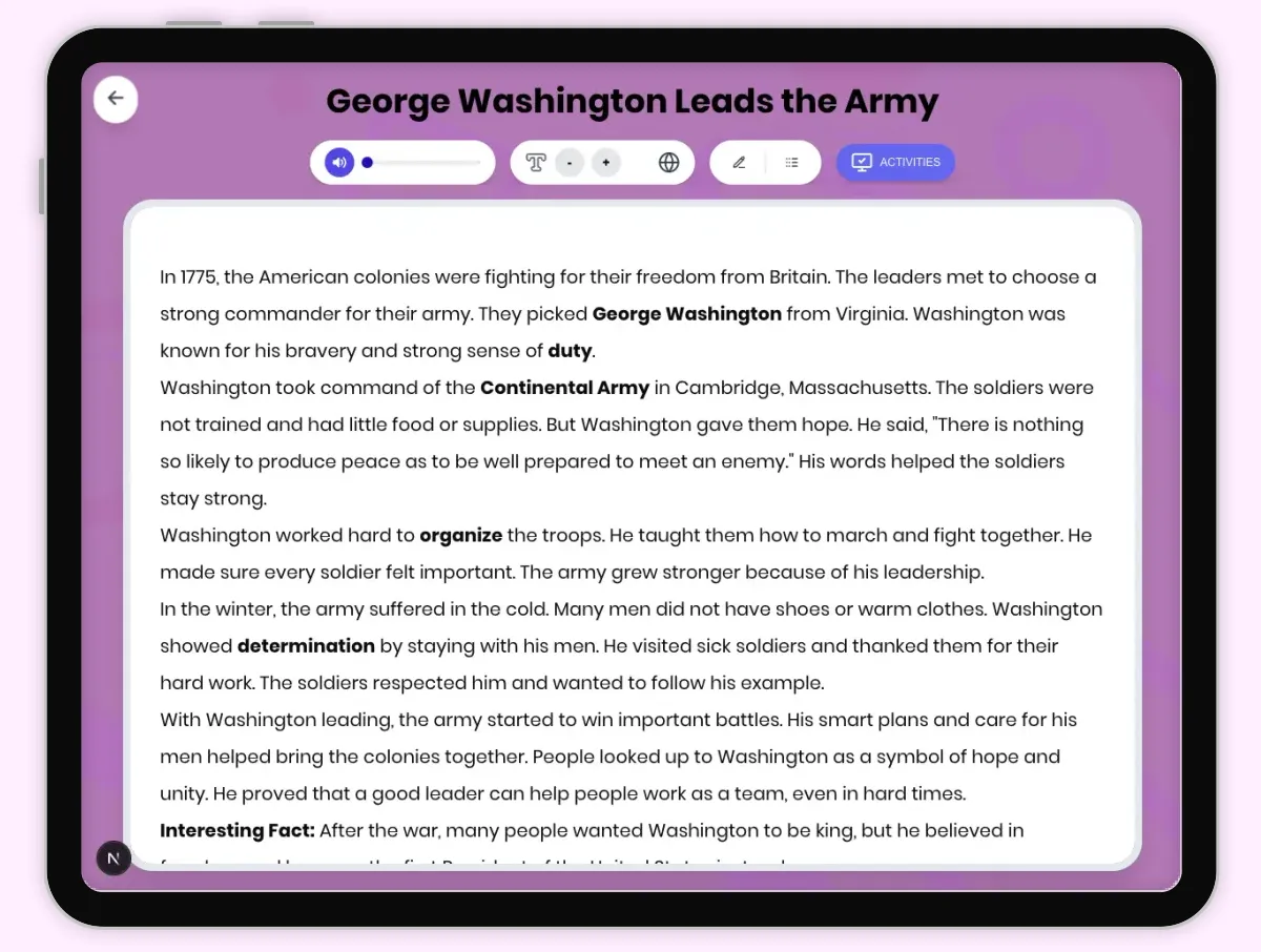 Interactive — Reading Comprehension preview: George Washington Leads the Army covering D2.HIS.1.3-5, D2.HIS.2.3-5, RI.4.3, RI.4.4 standards - Page 1 of 1