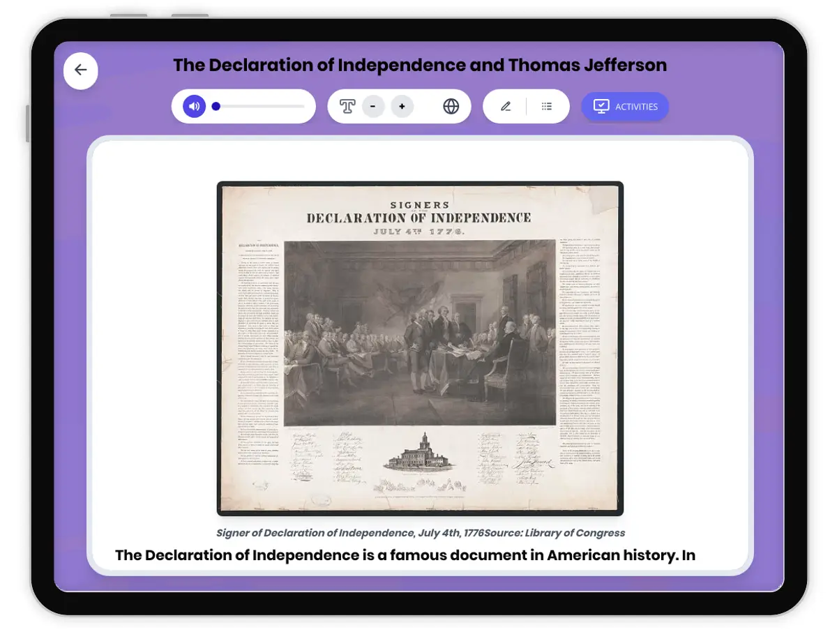 Interactive — Reading Comprehension preview: The Declaration of Independence and Thomas Jefferson covering D2.HIS.1-4.3-5, RI.4.1, RI.4.2, RI.4.3, RI.4.4 standards - Page 1 of 1