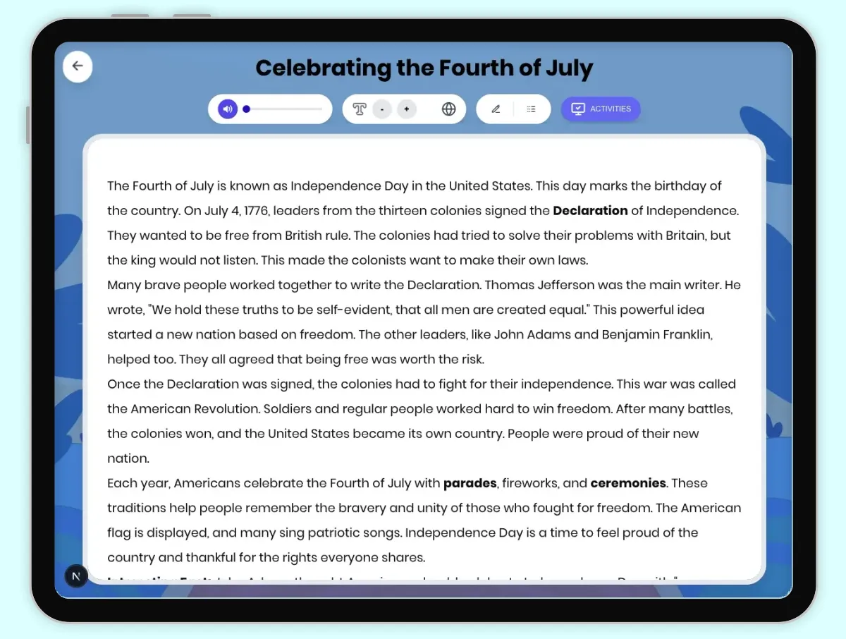 Interactive — Reading Comprehension preview: Celebrating the Fourth of July covering D2.HIS.1-6.3-5, RI.4.1, RI.4.3, RI.4.4 standards - Page 1 of 1