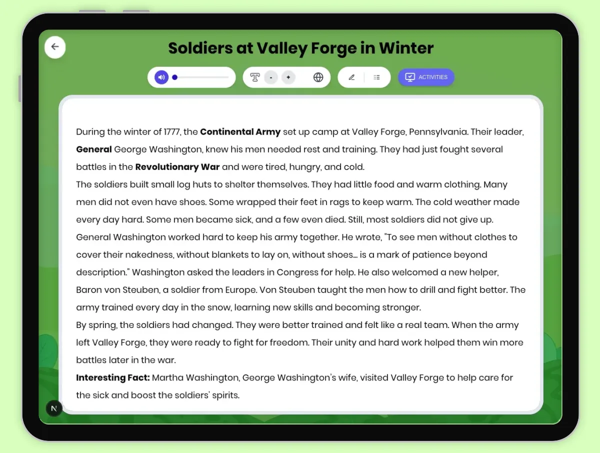 Interactive — Reading Comprehension preview: Soldiers at Valley Forge in Winter covering D2.HIS.1-4.3-5, RI.4.3, RI.4.4, RI.5.3, RI.5.4 standards - Page 1 of 1