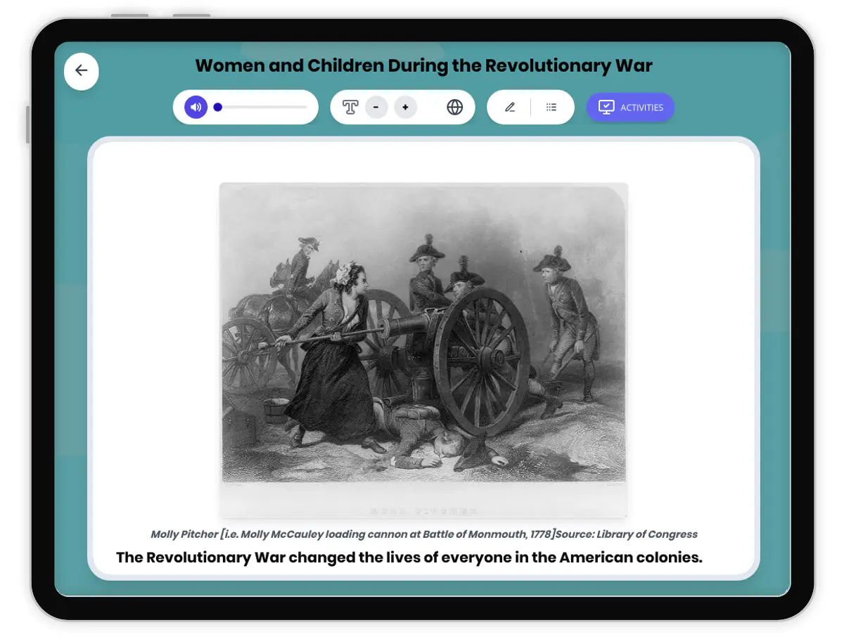 Interactive — Reading Comprehension preview: Women and Children During the Revolutionary War covering D2.HIS.2.3-5, RI.4.3, RI.5.3 standards - Page 1 of 1