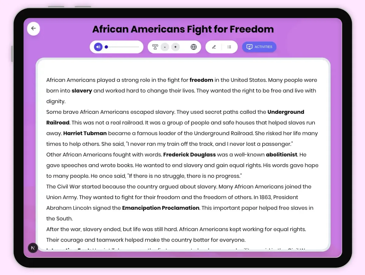 Interactive — Reading Comprehension preview: African Americans Fight for Freedom covering D2.HIS.2.3-5, D2.HIS.3.3-5, RI.4.3, RI.4.4 standards - Page 1 of 1