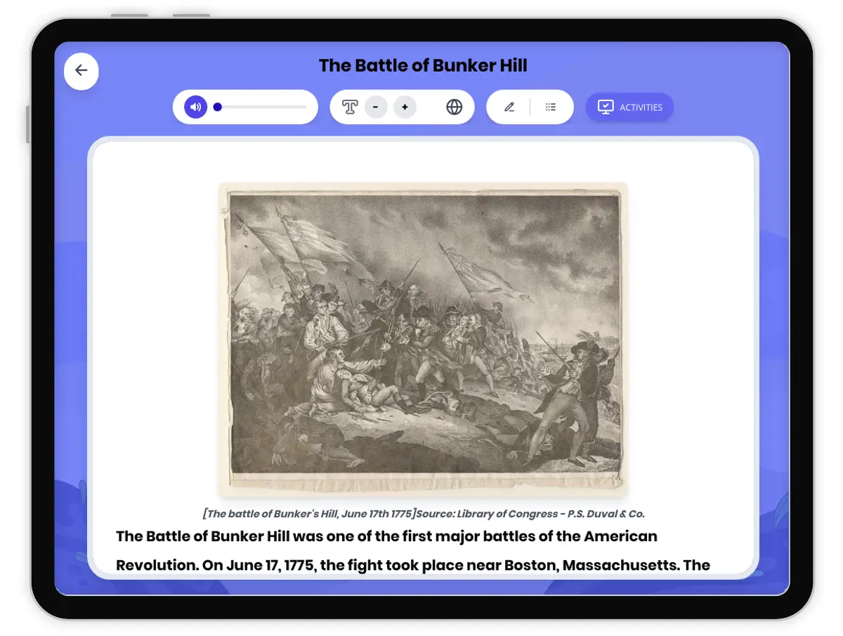 Interactive — Reading Comprehension preview: The Battle of Bunker Hill covering D2.HIS.1-4.3-5, RI.4.1, RI.4.3, RI.4.4 standards - Page 1 of 1