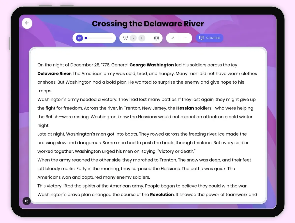 Interactive — Reading Comprehension preview: Crossing the Delaware River covering D2.HIS.1-4.3-5RI.4.1, RI.4.2, RI.4.3, W.4.2. standards - Page 1 of 1